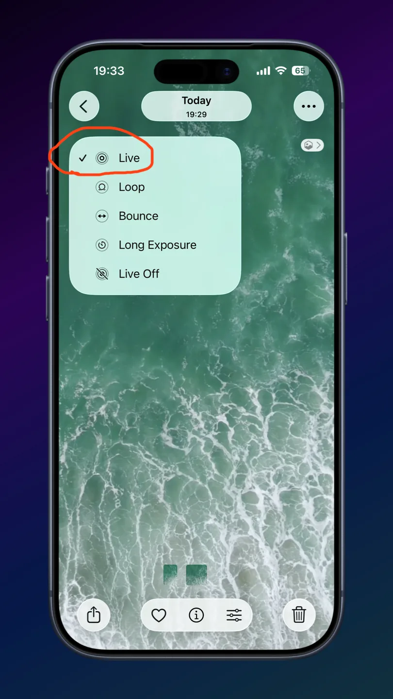 iPhone Photos app Live Photo effect selector dropdown showing Live, Loop, Bounce, and Long Exposure options with Live selected