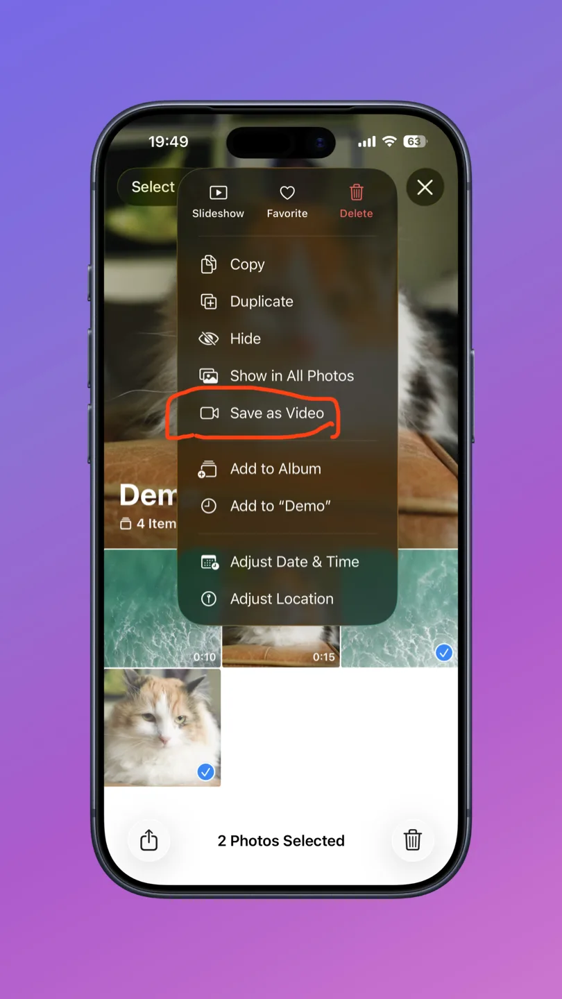 iPhone Photos app grid view with multiple Live Photos selected and the three-dot button visible in the bottom-right corner