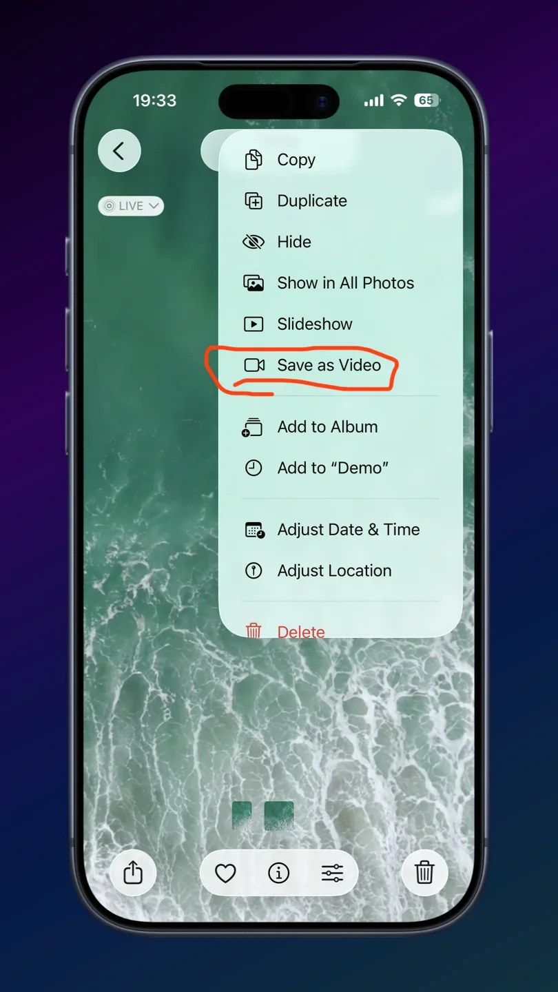 iPhone Photos app three-dot menu showing the Save as Video option highlighted