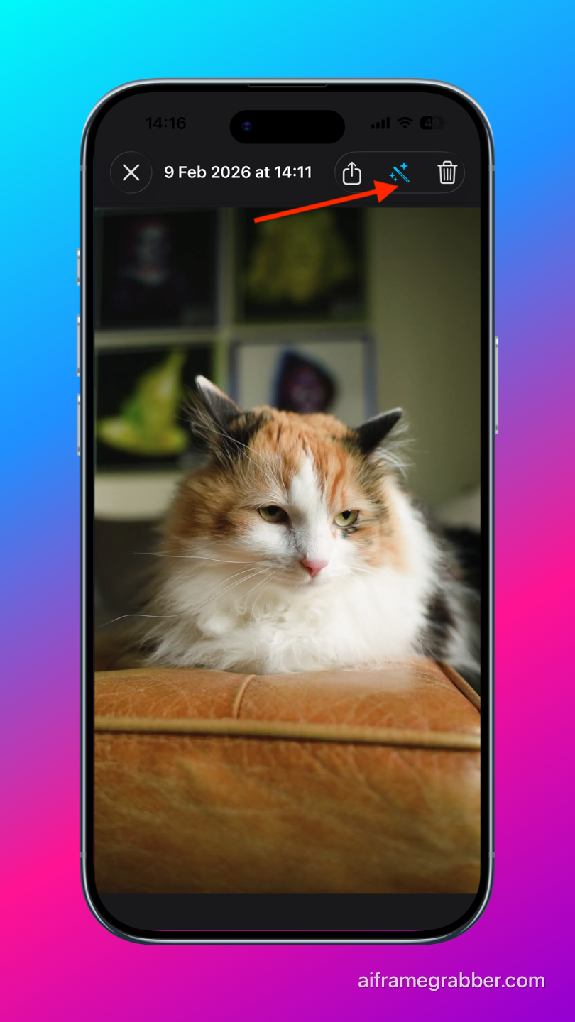 AI Frame Grabber gallery showing the upscale option to enhance a saved frame to high resolution