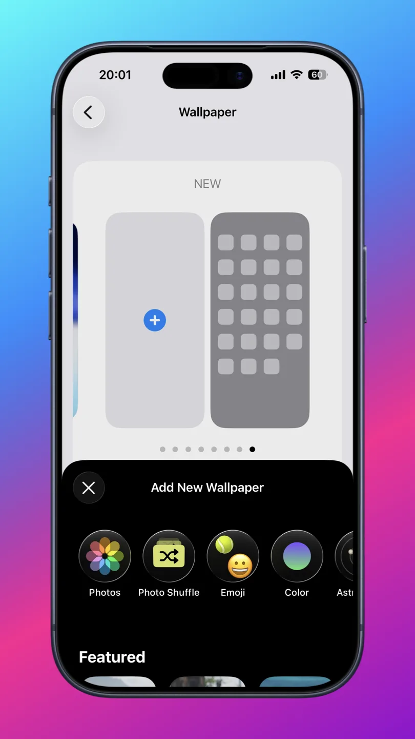 iPhone Wallpaper settings showing the Photos option at the top with a Live Photo selected and animation preview